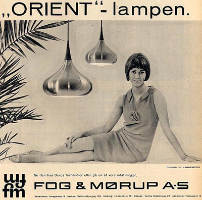 Orient Pendelleuchte in einer dänischen FOG & MORUP Werbung der 60er Jahre, heute LIGHTYEARS